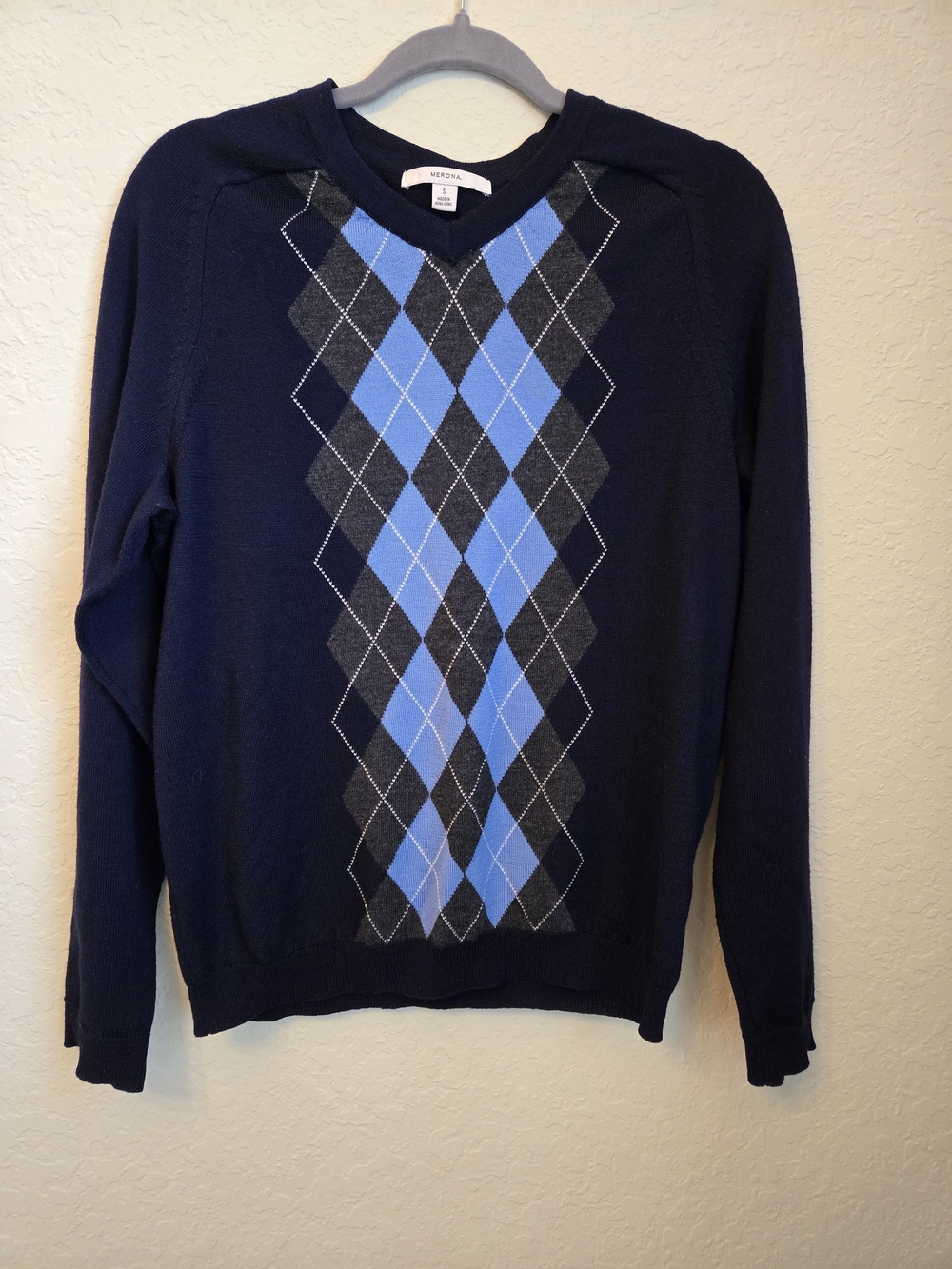 Merona Unisex Navy Blue 100% Wool Argyle V-Neck Sweater